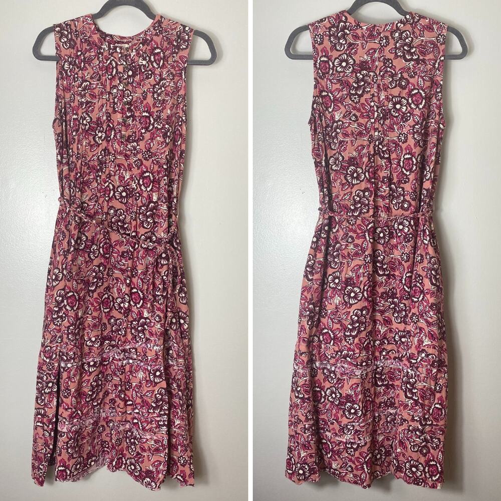 FAHERTY DRESS LINEN FLORAL MIDI PINK COTTAGECORE MILKMAID BOHO WESTERN COQUETTE - Picture 2 of 16